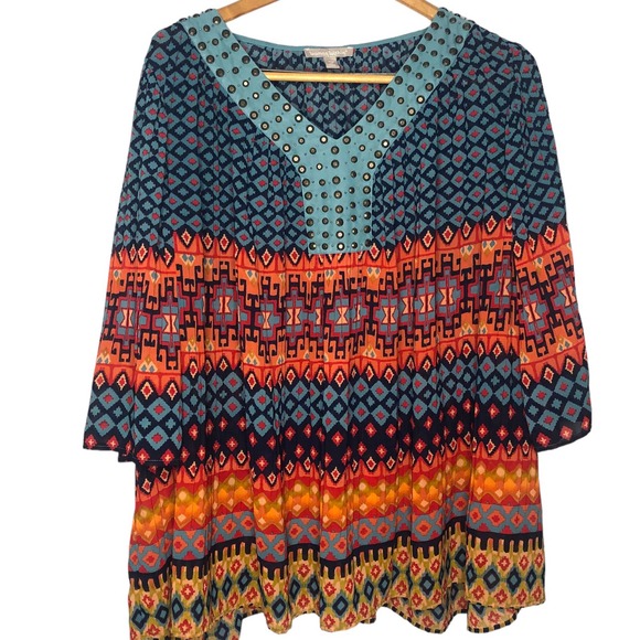 Woman Within Tops - Woman Within Tribal Aztec Blue Orange Wing Sleeve Tunic, 2X